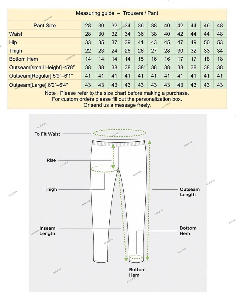 May include: A detailed size chart for trousers or pants, including measurements for waist, hip, thigh, and bottom hem. The chart also provides outseam lengths for different heights. The image includes a diagram illustrating key measurement points.