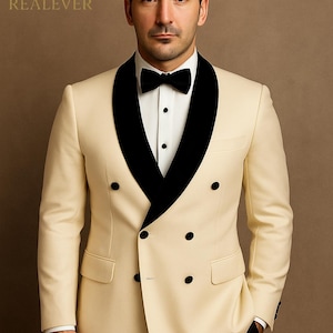 Ivory Tuxedo Suit: Double Breasted Dinner Jacket, Black Pants - REALEVER