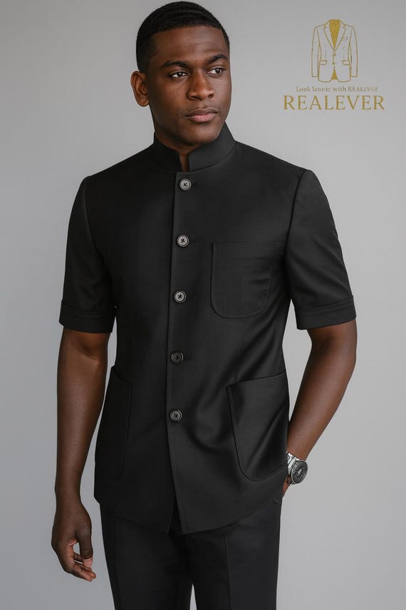 short black dress jacket Men's Black Safari Jacket: Short Sleeve Mandarin Collar Blazer