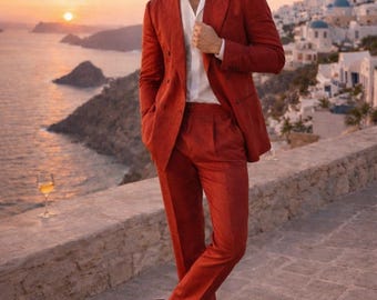 Men's Red Linen Double Breasted Suit, Summer Wedding Groom Beach Outfit