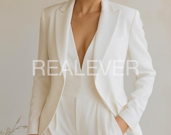 Elegante witte jas damesbroekpak – moderne bruidsblazer en op maat gemaakte broekset met hoge taille