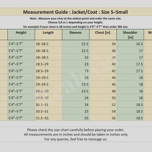 May include: A jacket/coat size chart for size S-Small, with measurements in inches. Includes sizes 34L to 56L, detailing height, length, sleeves, chest, shoulder, and waist/belly measurements. Text at the bottom advises checking the chart before ordering.