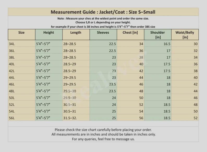 May include: A jacket/coat size chart for size S-Small, with measurements in inches. Includes sizes 34L to 56L, detailing height, length, sleeves, chest, shoulder, and waist/belly measurements. Text at the bottom advises checking the chart before ordering.