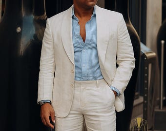 Men’s Ivory Linen Suit Set – Tailored Blazer and Trousers | Summer Wedding Outfit | Lightweight Formalwear