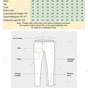 Puede incluir: Una tabla de tallas detallada para pantalones, que incluye medidas de cintura, cadera, muslo y dobladillo. La tabla tambi&eacute;n proporciona longitudes de costura exterior para diferentes alturas. La imagen incluye un diagrama que ilustra los puntos de medici&oacute;n clave.