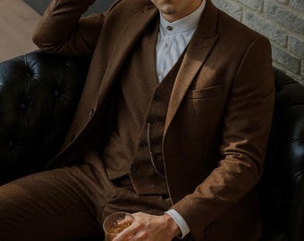 Men's Brown Wool 3-Piece Suit | Custom Tailored Wedding Formal Wear