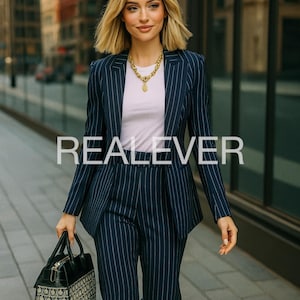 May include: Navy blue pinstripe suit with a matching blazer and trousers. The suit is worn with a white top and gold necklace. A black handbag with a decorative pattern is held in the hand. The word "REALEVER" is printed on the image.