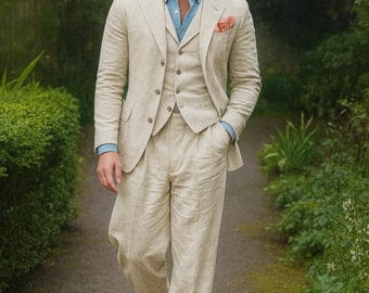 Beige Linen 3 Piece Suit | Summer Wedding Outfit