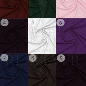 Puede incluir: Una carta de colores de tela con nueve muestras en varios colores lisos. Los colores incluyen burdeos, verde oscuro, rosa claro, morado intenso, blanco y azul marino. El texto "FABRIC COLOURS OPTION BY REALEVER" est&aacute; en la parte inferior.