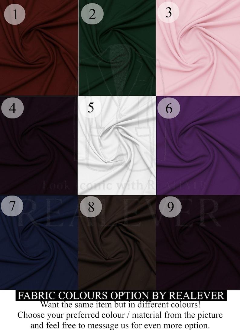 Puede incluir: Una carta de colores de tela con nueve muestras en varios colores lisos. Los colores incluyen burdeos, verde oscuro, rosa claro, morado intenso, blanco y azul marino. El texto "FABRIC COLOURS OPTION BY REALEVER" est&aacute; en la parte inferior.