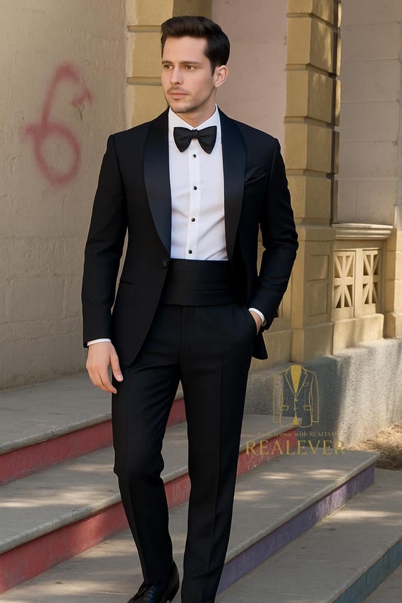 tuxedo dress formal Black Suit With Satin Lapel & Cummerbund: Event Wear D9360