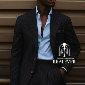 May include: A black pinstripe suit with a light blue dress shirt and brown sunglasses. The suit has a pocket square and is from the brand REALEVER. The image text says "Look Iconic with REALEVER".