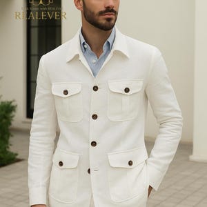 Luxury White Linen Hunting Safari Jacket Suit for Men – Tailored Elegance by REALEVER