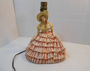 Mid-century Southern Belle Electric Boudoir Table Lamp Pink Ruffled Dress & Bonnet Chalkware Girl Works No Shade