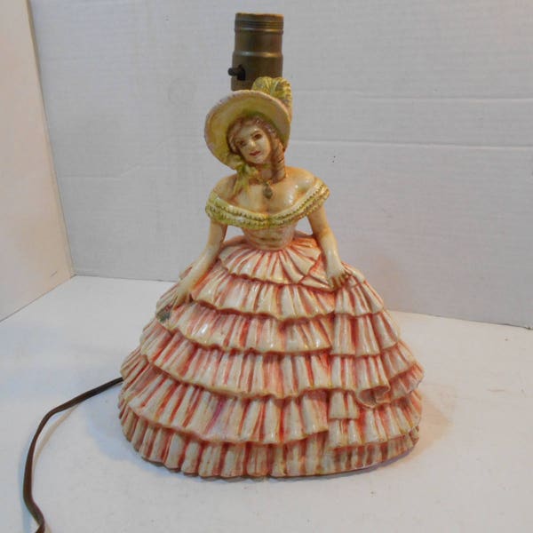 Mid-century Southern Belle Electric Boudoir Table Lamp Pink Ruffled Dress & Bonnet Chalkware Girl Works No Shade