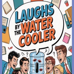 May include: Illustration of a group of people laughing around a water cooler. The image features the text "Laughs by the Water Cooler" in a speech bubble, with the subtitle "200 Funny Office Cryptograms". The color palette includes blue, orange, and red.