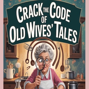 Puede incluir: Ilustración de una mujer con una lupa, con el texto "Crack the Code of Old Wives' Tales". La imagen incluye utensilios de cocina y el texto "50+ Fun Cryptograms!"