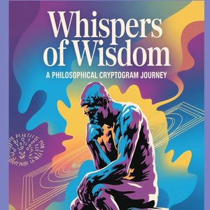 May include: Book cover with the title "Whispers of Wisdom" and the subtitle "A Philosophical Cryptogram Journey." The image features a seated figure in shades of blue and purple, with a colorful abstract background. The author's name is "MEMAW'S PASTIME."