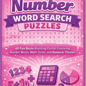 Könnte beinhalten: Ein rosa-lila Buchcover mit dem Titel "Number Word Search Puzzles". Das Cover zeigt einen Taschenrechner, ein Kreisdiagramm und mathematische Symbole. Das Buch verspricht 40 unterhaltsame, das Gehirn anregende Rätsel.