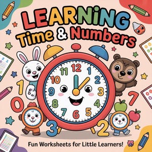 May include: A colorful children's educational book cover with the text "LEARNING Time & Numbers". The image features a large red alarm clock with a smiling face, surrounded by cartoon animals and numbers. The words "Fun Worksheets for Little Learners!" are at the bottom.
