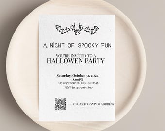 Invitación minimalista de Halloween, plantilla digital editable de Canva, invitación a una fiesta de disfraces espeluznante, descarga instantánea