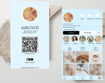 Plantilla de tarjeta de presentación de joyería: Diseño Canva con código QR de Instagram (descarga digital, 5 x 8,9 cm)