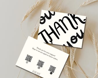 Plantilla de tarjeta de agradecimiento editable de 5x7 con código QR: minimalista, para pequeñas empresas, imprimible, descarga PNG y PDF. Gracias por su compra.