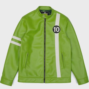 May include: Bright green jacket with a white stripe down the right side and two white stripes on the left sleeve. The number "10" is displayed on a black circle on the chest. The jacket has a stand-up collar and a zipper closure.