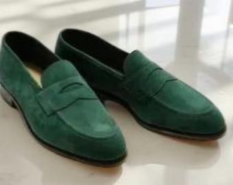 New Handmade Men's green suede moccasins loafer shoes