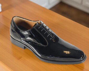 New Handmade Black Patent Leather Oxford or Derby Shoes For Men's