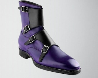 Handmade Men's Monk strap Ankle High Leather Boot Navy and Black Boots
