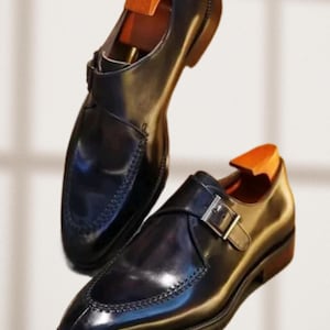 Bespoke Men's pure Black Leather Loafer Single Monk Strap Handmade Shoes
