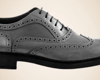 Zapatos Oxford con punta de ala de cuero gris oscuro para hombre, hechos a mano, nuevos