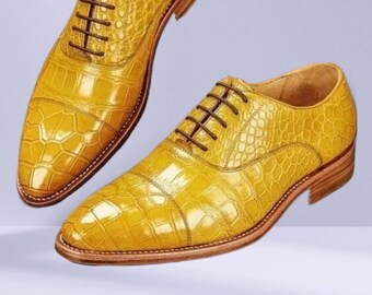 Yellow Men\'s Crocodile Embossed Lace-Up Formal Business Dress Oxford Shoes Amazon.com: Men main image 3