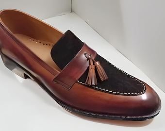 Ręcznie robione męskie buty dwukolorowe, brązowe buty ze skóry i zamszu, mokasyny, sukienki