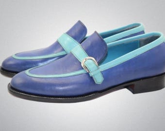 Wykonane na zamówienie dwukolorowe, niebieskie, skórzane, ręcznie robione buty, wsuwane mokasyny męskie