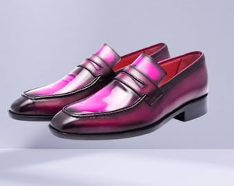 Handmade Pink Leather Loafers: Men's Formal Slip-Ons