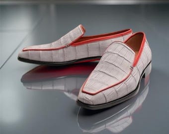 Men's Handmade Leather Shoes, White Formal Dress Loafer Shoe