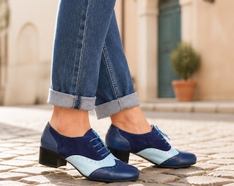 Handcrafted New Women's Blue Leather Oxford Wingtip Lace Up Fashion Formal Shoe.