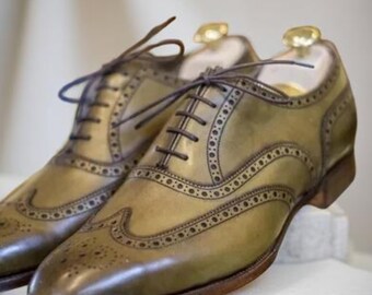 Handmade Men's Lite Green Leather Brogue Shoes, Customize Quality Wedding Shoes