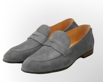 Santoni Hand Made Suede Penny Loafers Grey Moccasins Men main image 3
