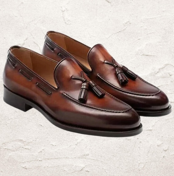 Handmade men brown leather dress moccasin, formal slip on dress shoes mens
