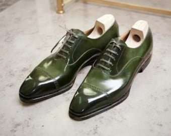 New Men's Handmade Olive Green Leather Oxford Cap-Toe Lace Up Dress Shoes Men