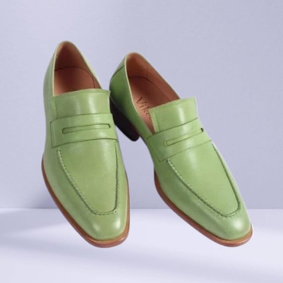 Handmade Green Leather Moccasins Shoes, Slip Ons Business Shoes, Dress Shoe