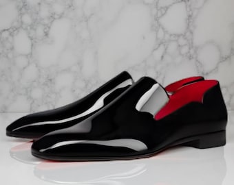 Christian Louboutin Handmade Patent Leather Loafers, Red Sole Dress Shoes for Men