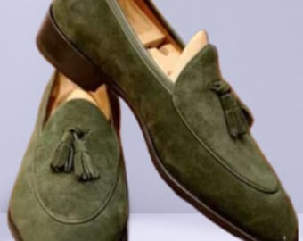 Handmade men hunter green slip on dress shoes, men suede leather formal moccasin