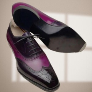 Tailor Made Men&#39;s Pure Purple and Black Leather Oxford Lace up Dress Party Shoes