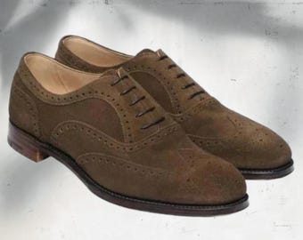 Handmade brown suede Oxford Wingtip lace up shoes for men