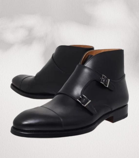 Handmade Black Leather Double Monk Strap Boots: Men display picture 3