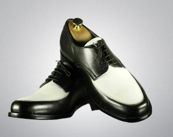 Men's Handmade Black & White Leather Lace-Up Round Toe Formal Dress Shoes